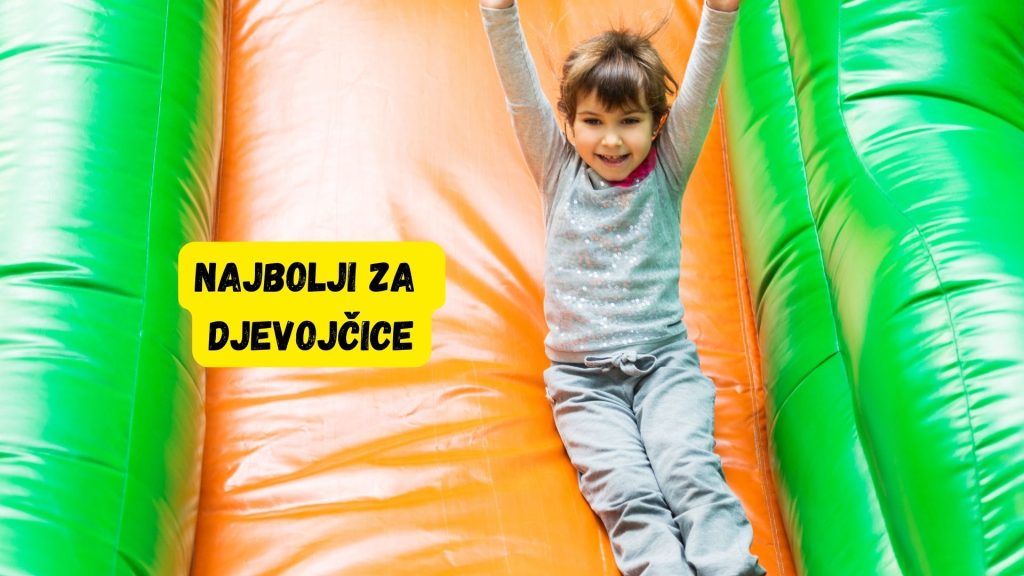 Djevojčica se smiješeći spušta niz šareni napuhani tobogan, uživajući u igri. Tekst: Najbolji za djevojčice.